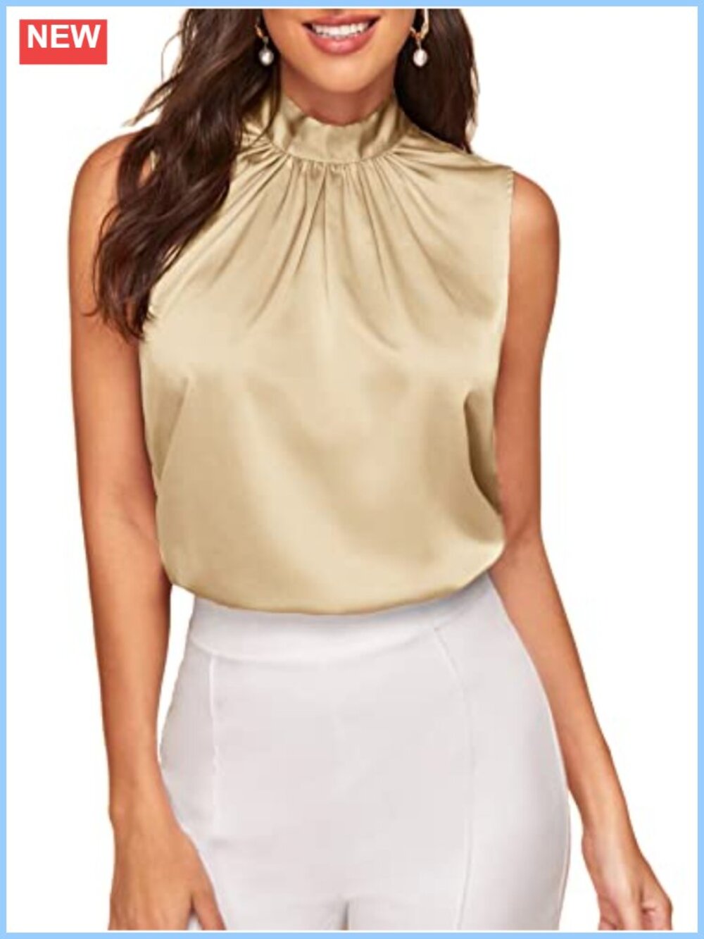 Satin Sleeveless Mock Neck Knot Back Blouse Dressy Work Top